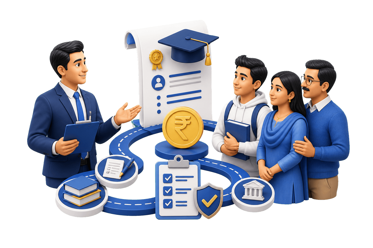 Education-loan adviser helping a student and parent prepare a funding plan